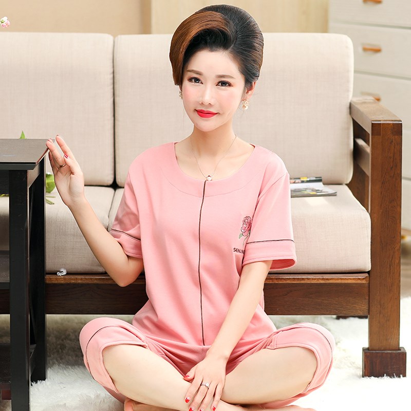 中老年人妈妈短袖中裤两件套大码圆领睡衣夏季薄款纯棉女士家居服