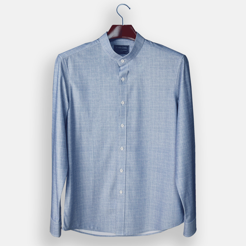 高弹力立领衬衫男长袖蓝色商务免熨烫无领小立领中山装男士圆领衬