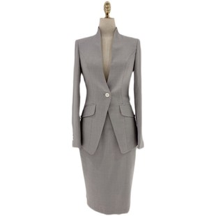 女职业商务工作西服修身 包臀裙套装 气质高级感 灰色立领西装 2024款