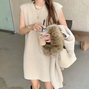 秋冬新款 套头半高领披肩针织两件套连衣裙气质毛衣女 小众灯笼袖