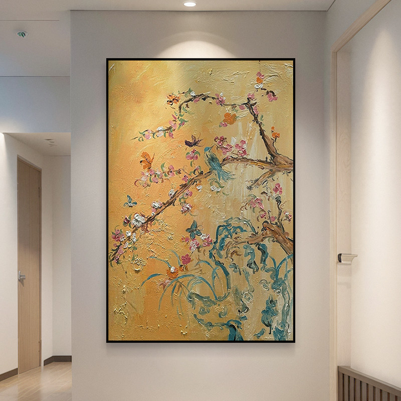 金枝栖鸟客厅沙发背景墙中古装饰画餐厅入户玄关走廊过道手绘挂画