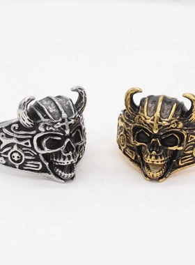 r1308 饰品 欧美个性复古骷髅头牛角男士钛钢戒指