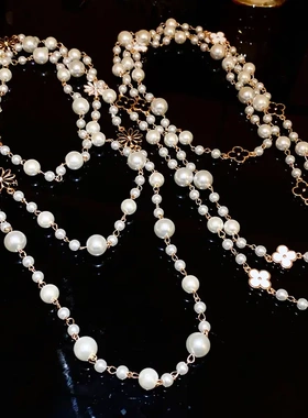 花朵珍珠双层长款项链法式轻奢高级感毛衣链小众设计感饰品女