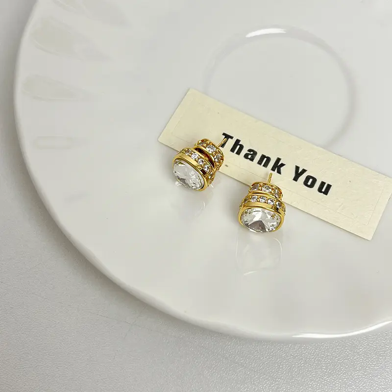 真金电镀简约锆石微镶几何方形银针耳钉女轻奢小众高级感气质耳饰