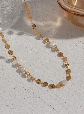 欧美ins饰品小众时尚不锈钢圆雪花片淡水珍珠手链项链女