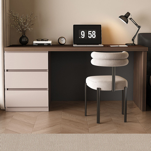 意式极简家用实木电脑桌带抽屉储物办公桌学生学习桌卧室床边桌子