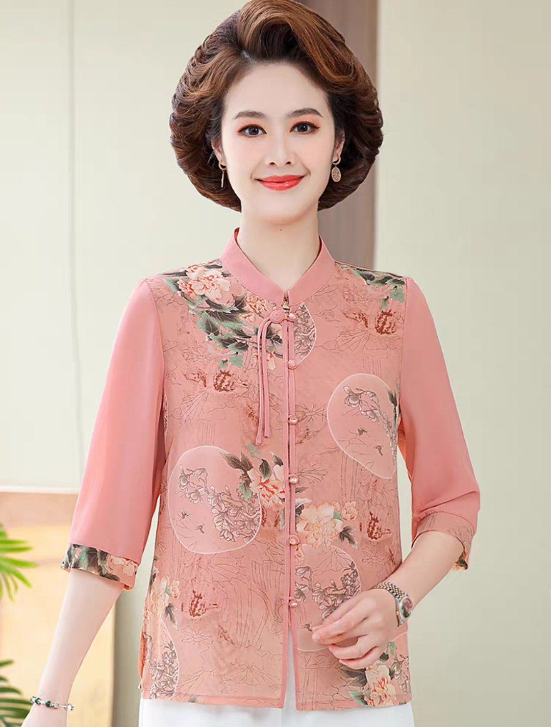 老年人奶奶夏装雪纺衬衣中老年女装妈妈夏季短袖T恤上衣老人衣服