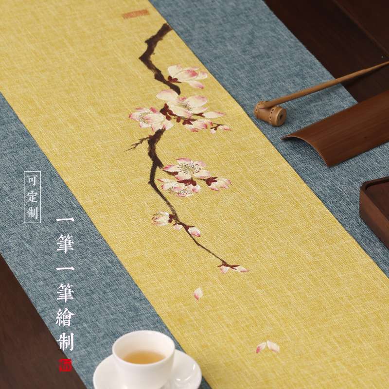 ?T9J5手绘防水茶席新中式禅意桌旗茶桌布茶几茶旗棉麻茶垫布艺小