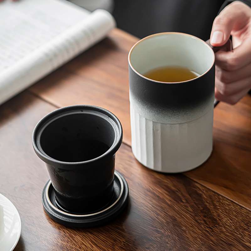 木柄马克杯家用带盖个人专用茶水分离过滤泡茶杯大容量陶瓷杯