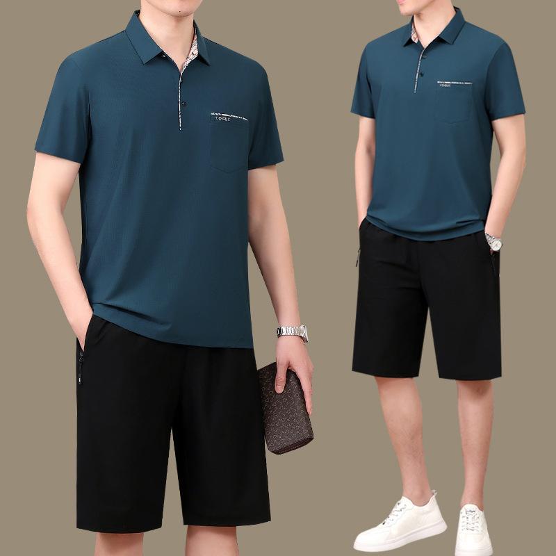 名牌特价爸爸夏装中老年休闲运动服套装男夏季冰丝短袖短裤polo衫