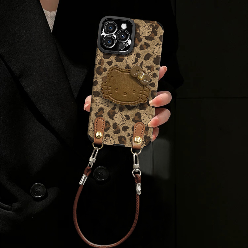 豹纹喵咪适用苹果17手机壳iphone17小羊皮16新款15女14全包13高级12秋冬ins风11小众plus带挂绳pm支架超火air