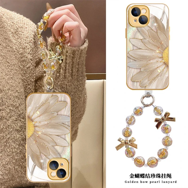 鎏金半边花适用苹果16pro手机壳iPhone15promax小众14plus新款13玻璃12pm高级感11手链超好看女防摔保护套16