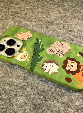 绿色卡通狮子大象适用iPhone17promax手机壳苹果16pro高级感13情侣15防摔12超薄14菲林11新款外壳plus小众pm