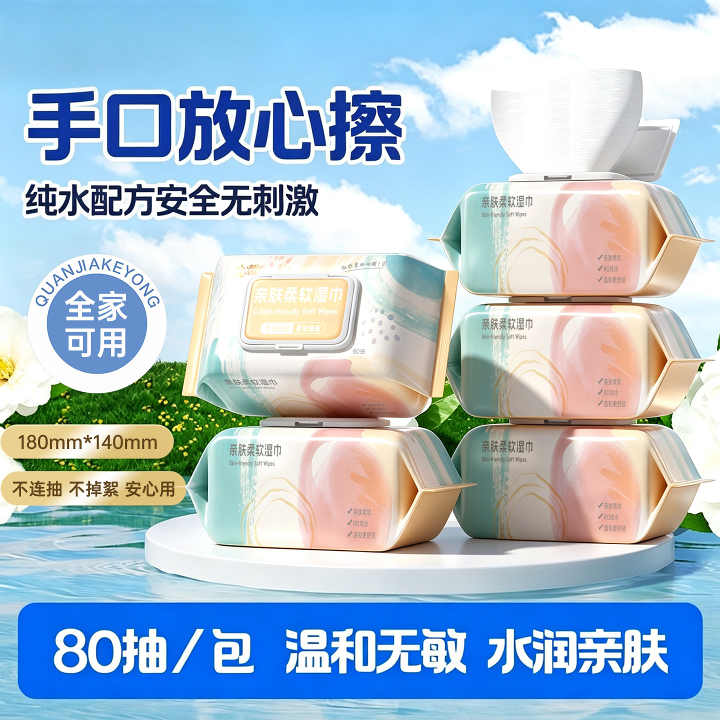 湿巾80抽家用大包装加大加厚亲肤柔软湿巾纸手口专用实惠清洁湿巾