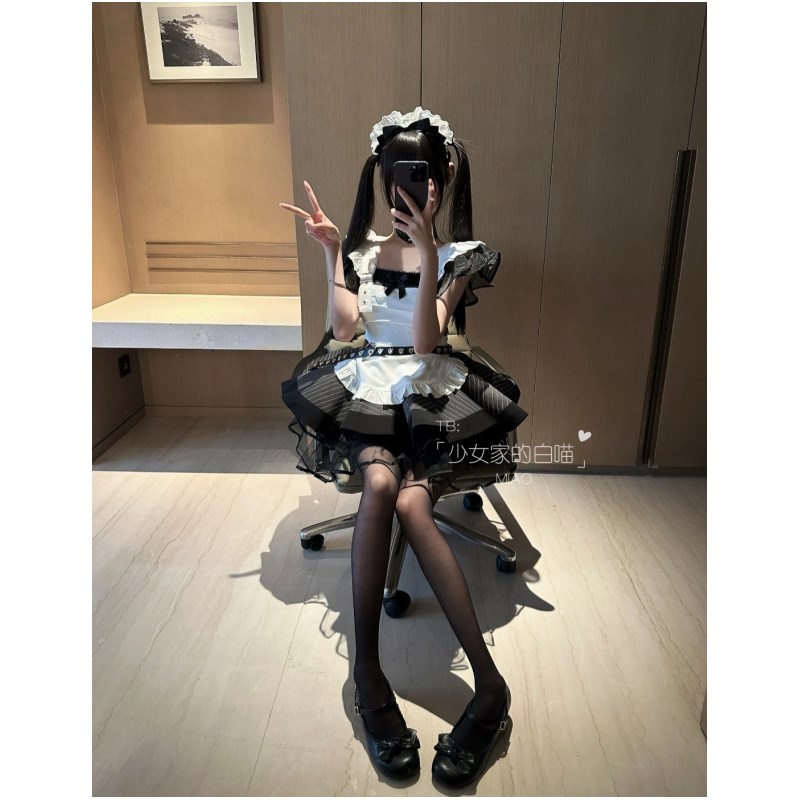 MIAO:日系复古亚文化女仆装黑白条纹可爱女佣套装lolita连衣裙女