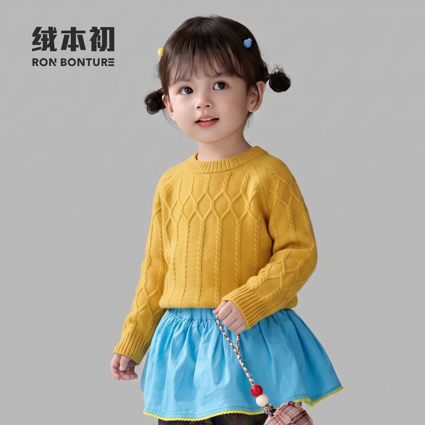 女童黄色麻花圆领套头羊绒衫