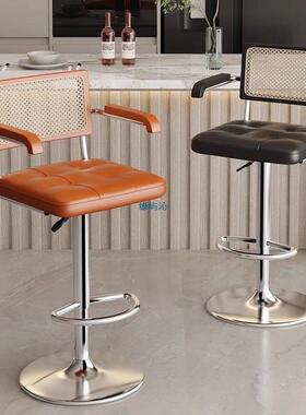 中古风吧台椅子高脚凳家用可升降藤编靠背椅酒吧前台收银旋转吧凳