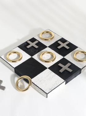 简约现代艺术黑白棋盘格马毛国际象棋软装样板房家居装饰桌面摆件