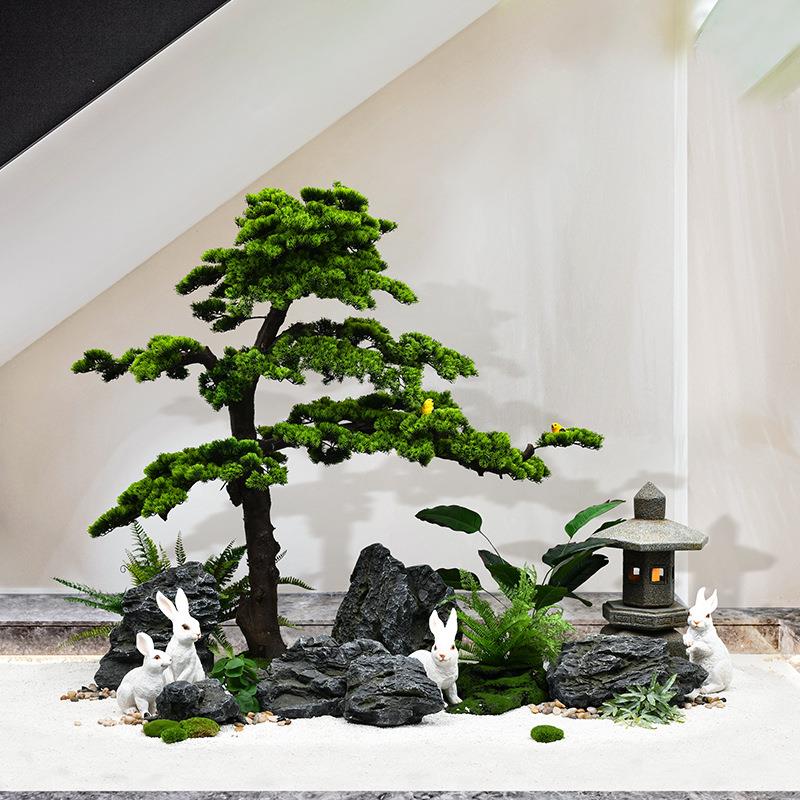 仿真绿植摆件造景玄关迎客松假山石头景观橱窗假树落地高档装饰品