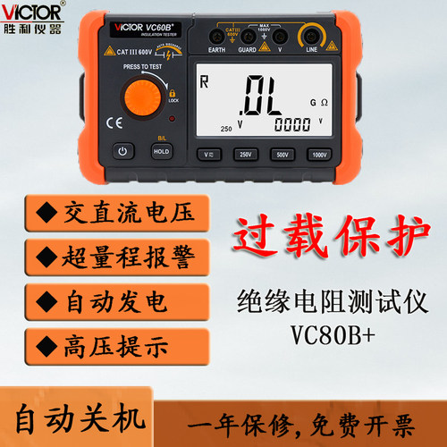 胜利数显绝缘电阻测试仪VC60B+/60D+/60E+数字兆欧表过载保护