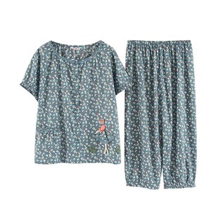 麦可将2024夏季新款女短袖七分裤梭织纯棉布碎花薄款简约睡衣2962