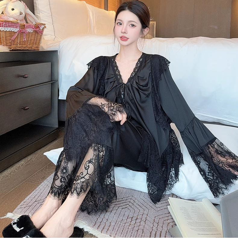 秋夏季新款法式宫廷风蕾丝冰丝睡衣女舒适两件套家居服套装可外穿