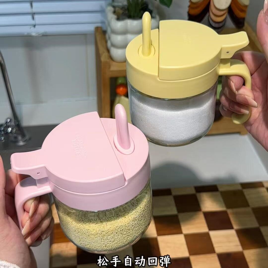 勺仓分离厨房调料罐创意多功能手柄翻盖调味盒透明玻璃带勺调味瓶