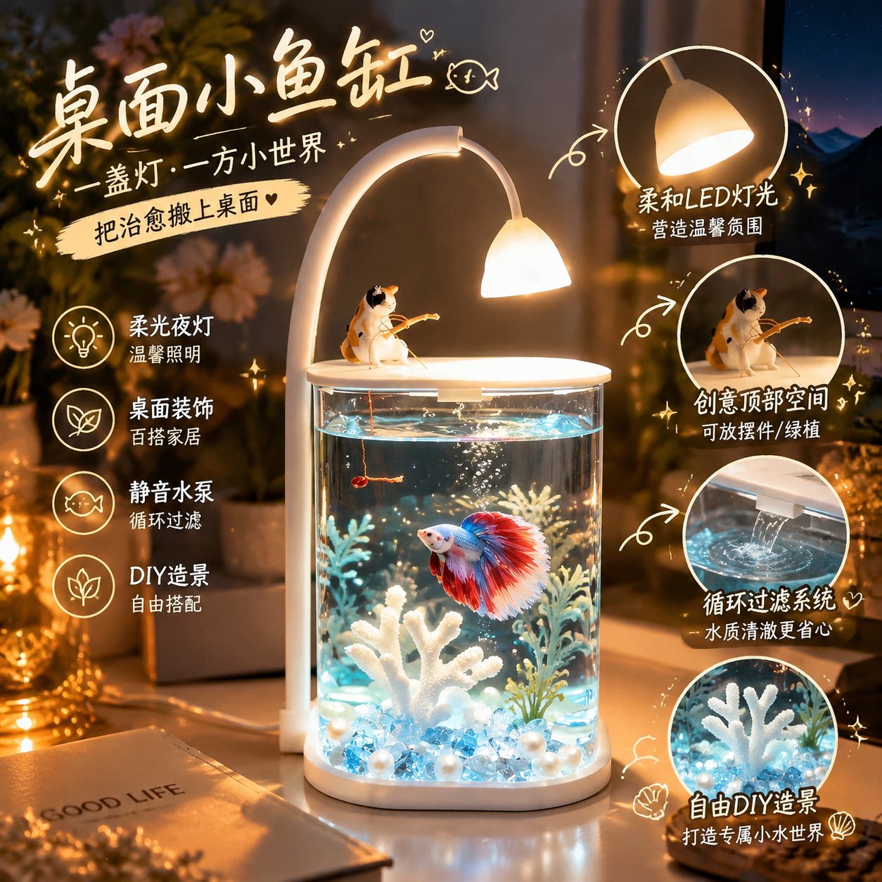 斗鱼缸LED灯客厅桌面装饰品小型透明防爆亚克力缸简约观赏水族箱