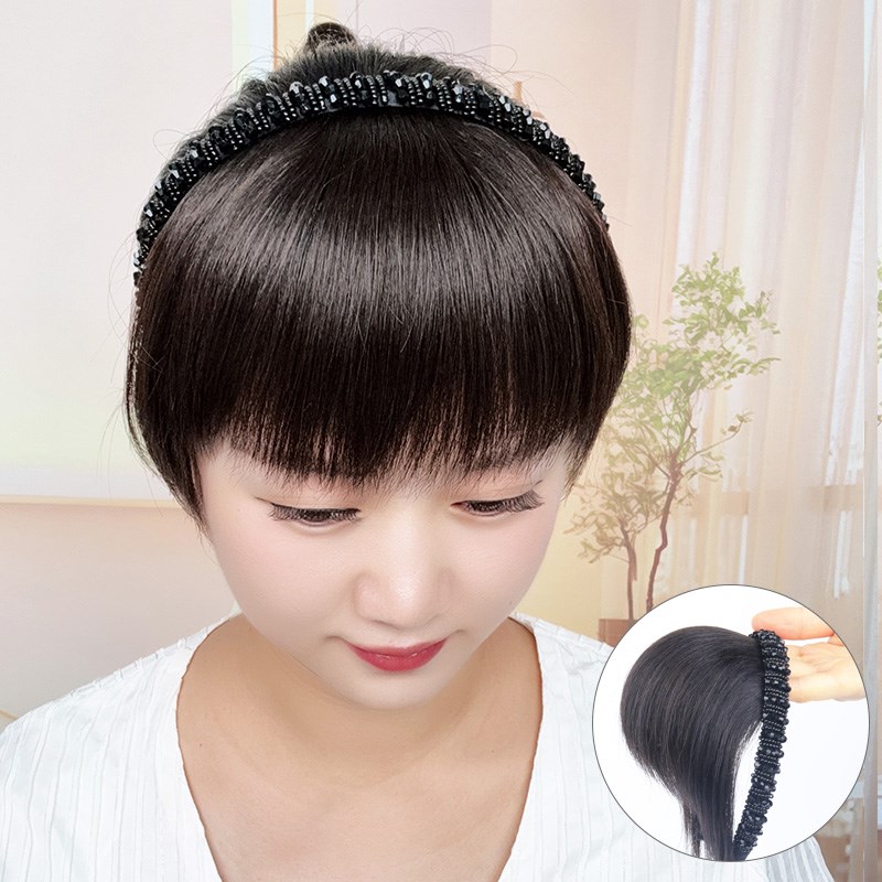 黑色仿钻发箍刘海一体全真发头帘前额鬓角遮白发碎齐刘海假发片