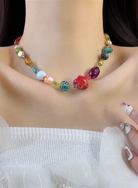 彩色多巴胺珠串星星项链复古金属OT扣新中式民族风小众设计锁骨链