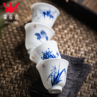 钟家窑主人杯单杯景德镇手绘梅兰竹菊小茶杯功夫茶茶碗玉泥铃铛杯