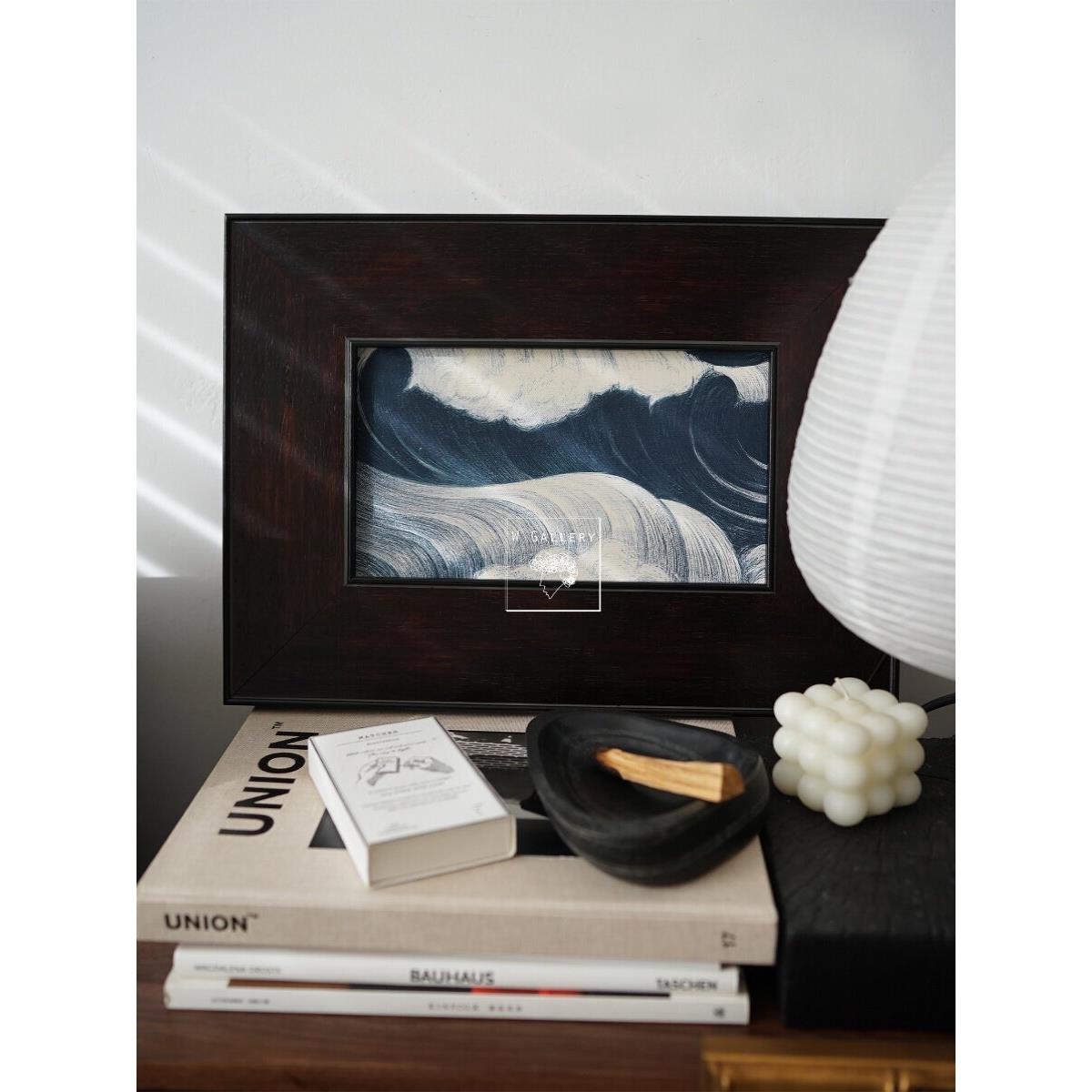 WGallery牛仔蓝氛围感中古海浪日本浮世绘哑光油布装饰画实木框