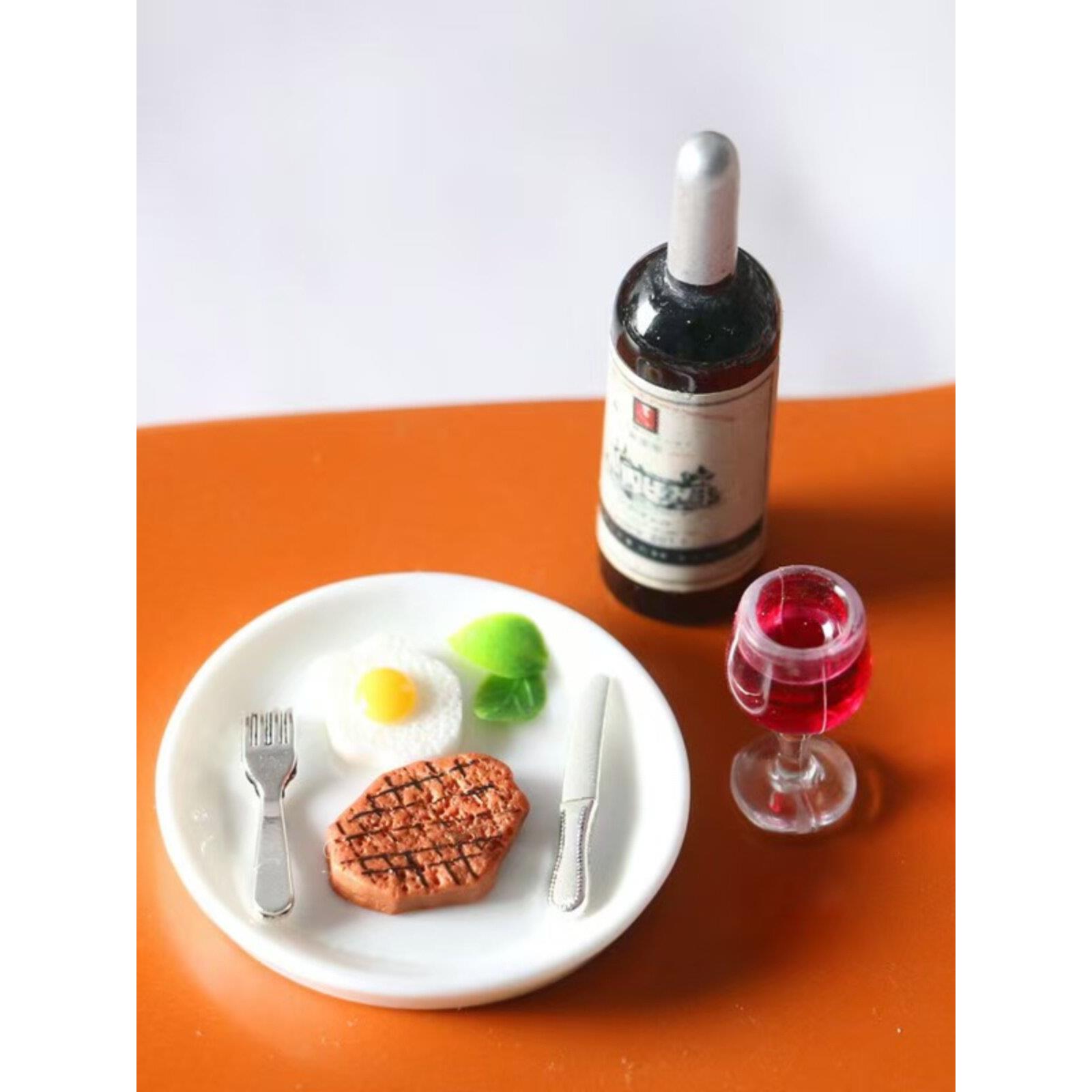 娃娃屋配件 微缩食玩 西餐厅场景拍摄道具 仿真迷你牛扒红酒模型