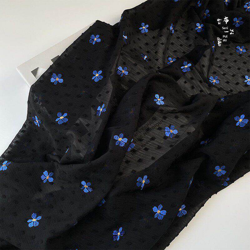 布艺岛黑色波点蓝色绣花雪纺网纱欧根纱服装面料衬衫做裙子布料