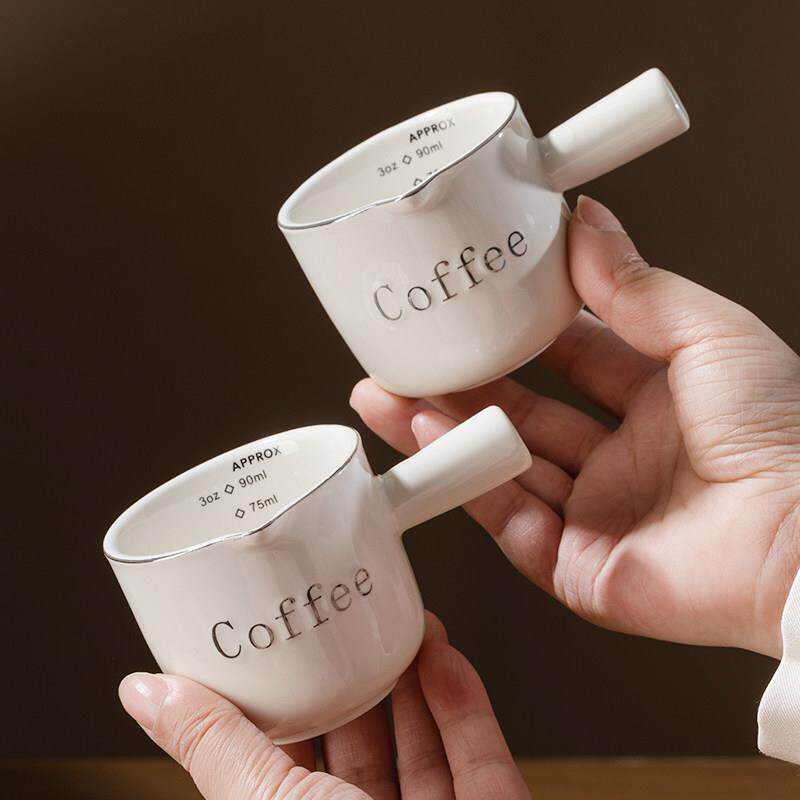 意式浓缩咖啡杯迷你小奶盅带刻度陶瓷量杯把手萃取杯盎司杯高颜值