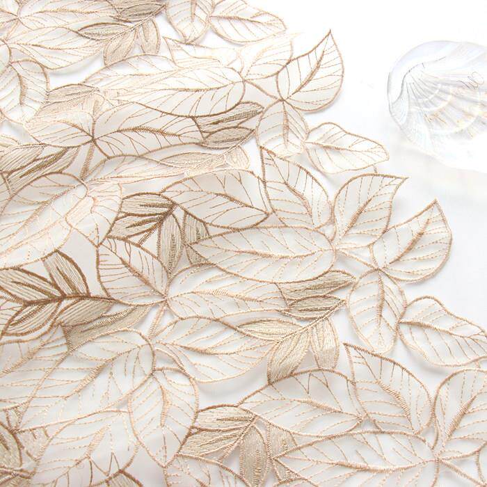 欧根纱金线刺绣树叶镂空绣花面料连衣裙半裙旗袍服装手工布料diy