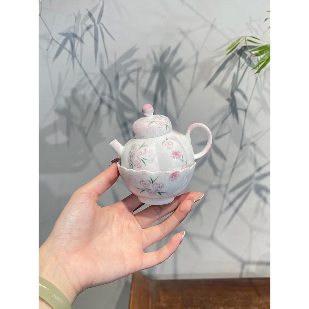 惊蛰 粉紫釉下彩手绘玫瑰花一壶一杯陶瓷南瓜壶茶杯单人功夫茶具