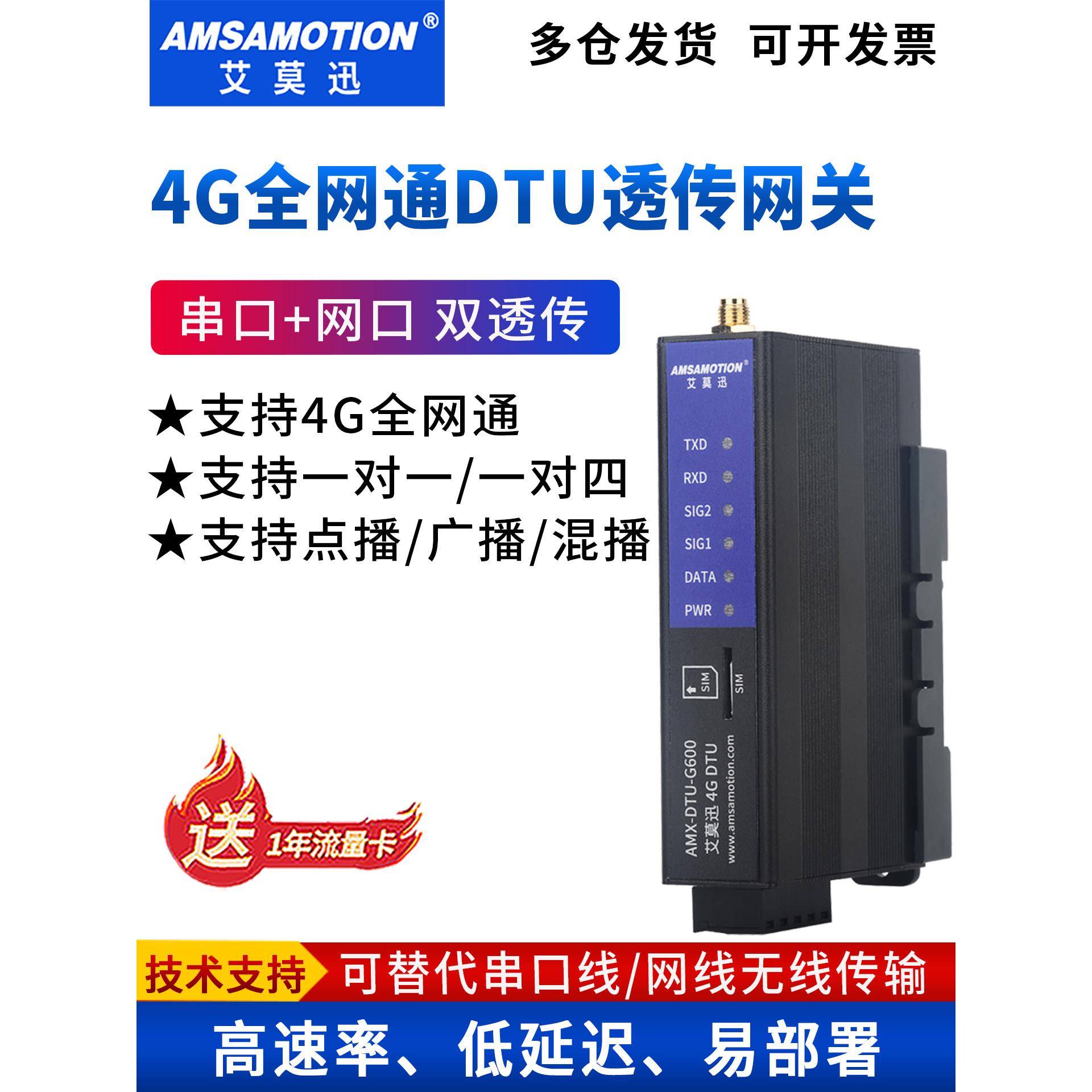 艾莫迅4G DTU网关串口RS485/232/网口转4G无线透传转发通讯模块