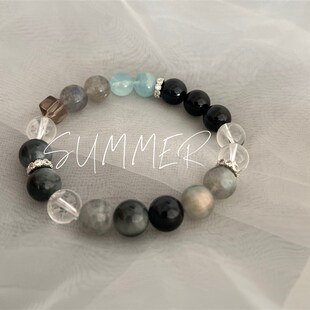 天然黑银曜石手链蓝虎眼灰月光海蓝宝手串情侣水晶饰品礼物090