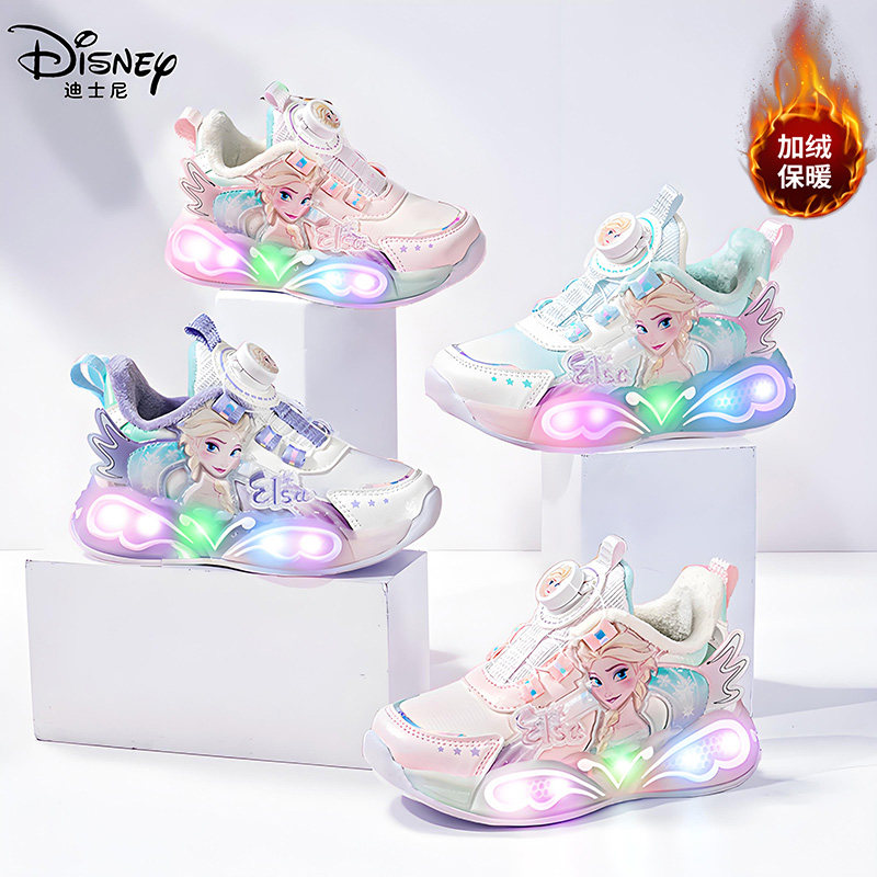 Обувь для девочек Disney, осенние и зимние модели, плюс бархат для сохранения тепла, две поверхности из хлопчатобумажной кожи, мигающие огоньки, светящаяся детская спортивная обувь Aisha Изображение 1