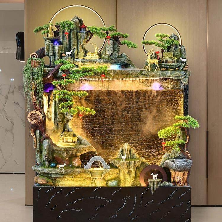 中式大型假山流水幕墙鱼缸风水轮加湿器酒店庭院公司落地装饰摆件