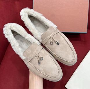 2025年新款 麂皮一脚蹬雪地靴加绒加厚休闲平底女靴 羊毛流苏乐福鞋