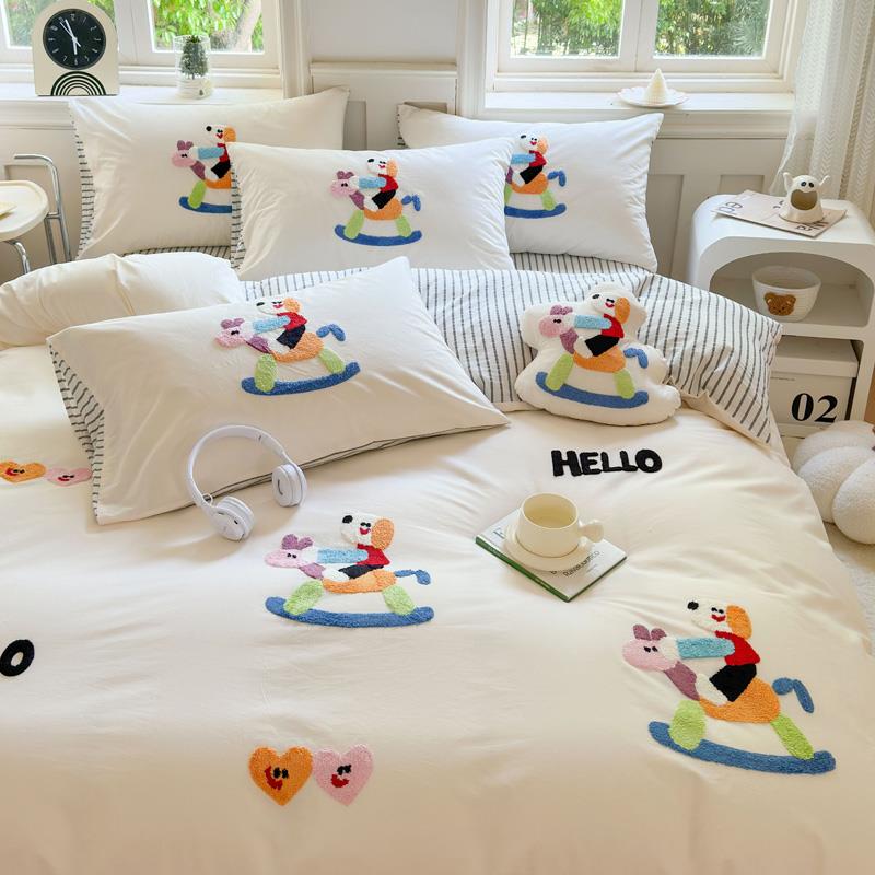 全棉水洗棉床上三件套秋冬季纯棉毛巾绣床单被套床笠款床品四件套