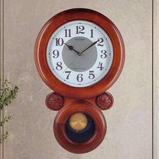 福禄吉祥中式黄杨实木家用客厅书房别墅双圆环形静音壁时计挂钟表