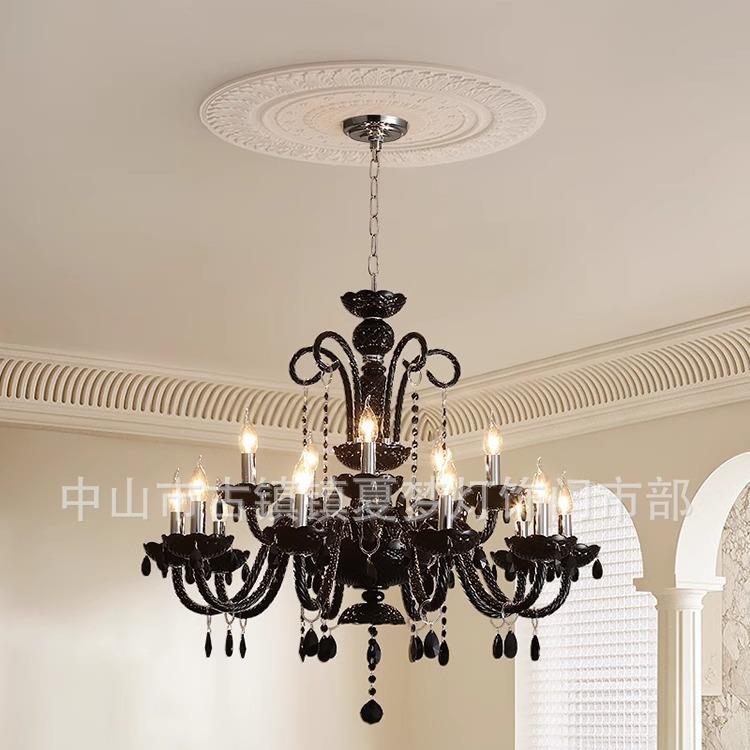 法式客厅吊灯复古水晶灯黑色中古主灯高级感设计师主卧室灯具大气