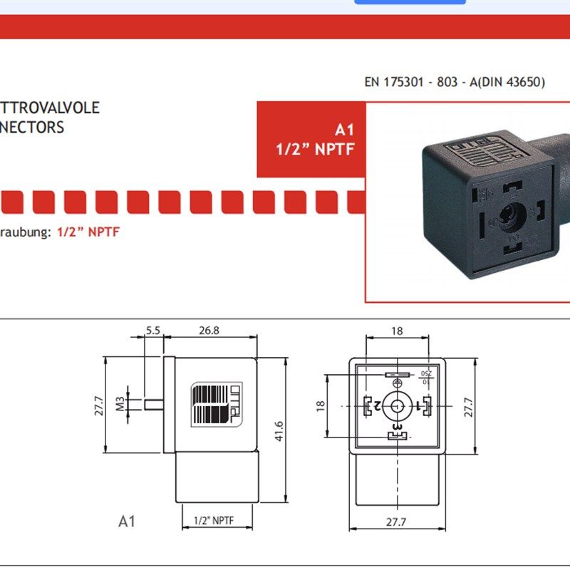 OMAL A1 EN175301-803A DIN43650 3P+PE接地 4脚NPT1/2出口 18MM