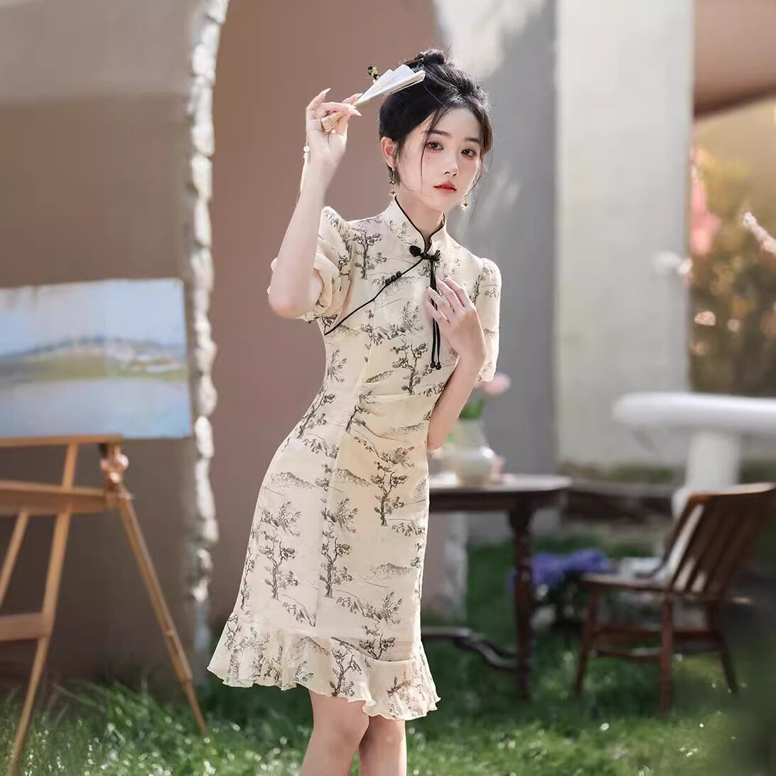 2026新款夏露夏改良旗袍日常修身鱼尾气质短款新中式国风旗袍女高