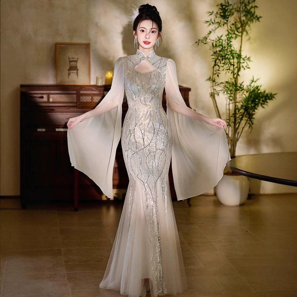 2026新款新中式晚礼服女收腰鱼尾礼服改良旗袍亮片订婚敬酒服裙子
