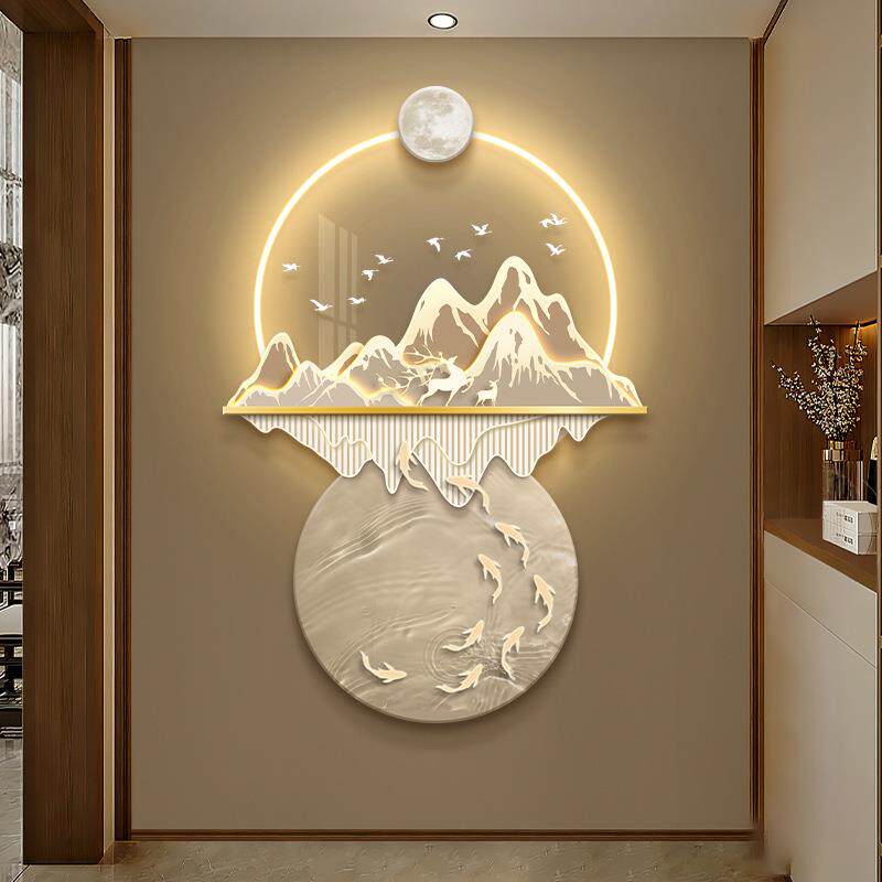 现代轻奢玄关装饰画高级感山水画走廊过道挂画入户正对门壁画灯饰