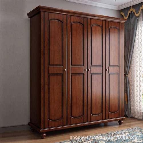 美式乡村全实木衣柜欧式大衣橱家用主卧室平开门复古深色四门柜
